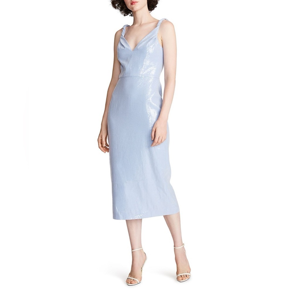 HALSTON Women's Keira Twist Strap Midi Dress in Soft Sequins Sky Blue